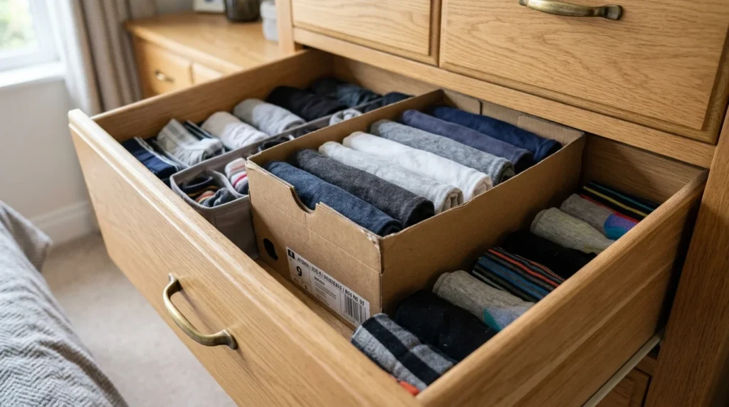 Shoebox used as a drawer divider for folded clothes.