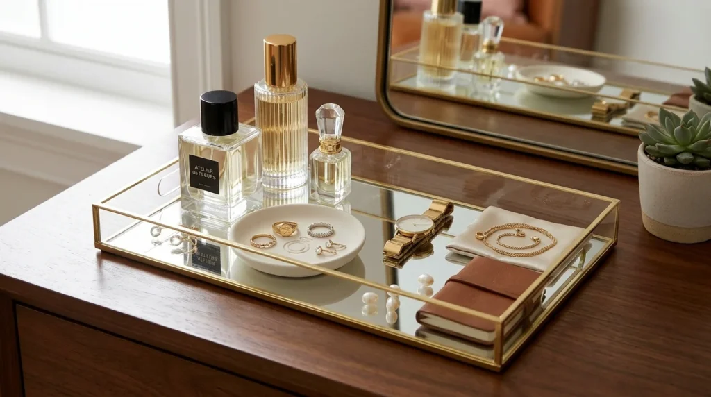 Tray organizing perfume and jewelry on a dresser
