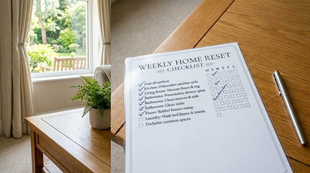 A detailed close-up of a laminated "Weekly Home Reset Checklist" with blue checkmarks, resting on a clean wooden table next to a silver pen, with a blurry background of a tidy living room.