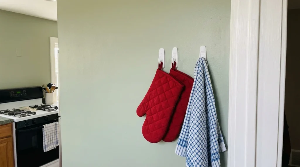 Adhesive hooks on a painted kitchen wall holding oven mitts and a dish towel