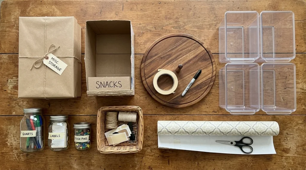 Pantry supplies flat lay with clear bins, a lazy Susan, masking tape, a marker, shelf liner and reused containers