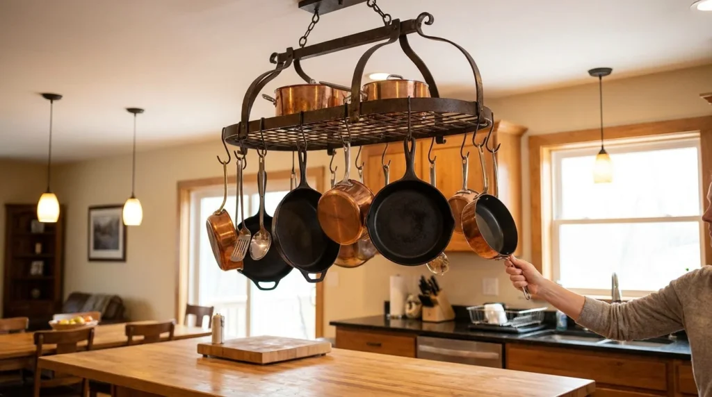 Ceiling-mounted pot rack with pans hanging above a kitchen island