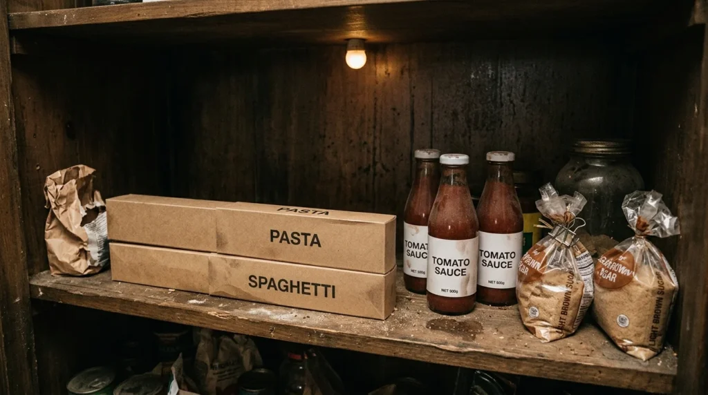 Cluttered pantry shelf with duplicate sauce bottles, half-used bags and cans hidden behind pasta boxes