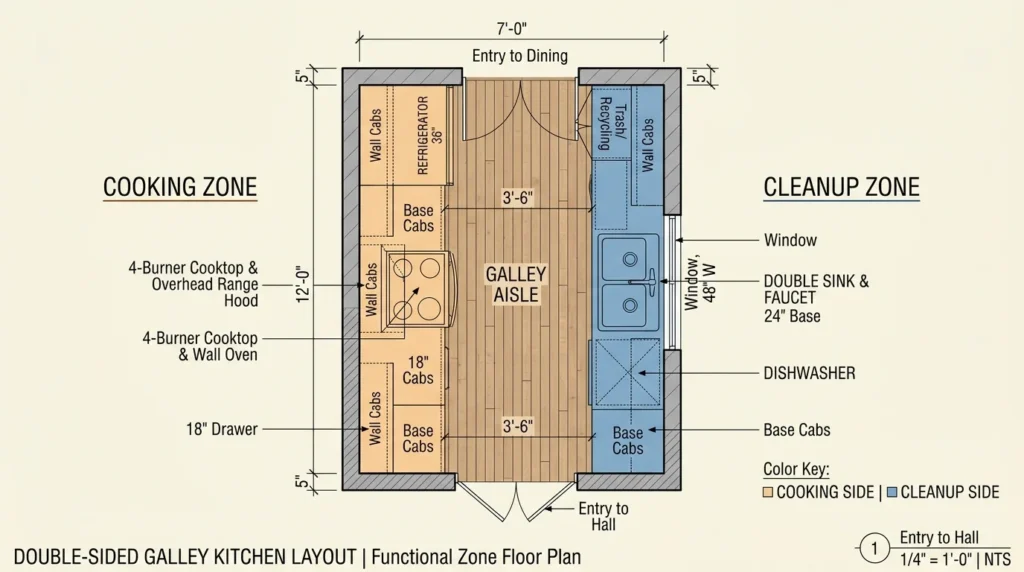 Double-sided galley kitchen plan split into cooking and cleanup sides