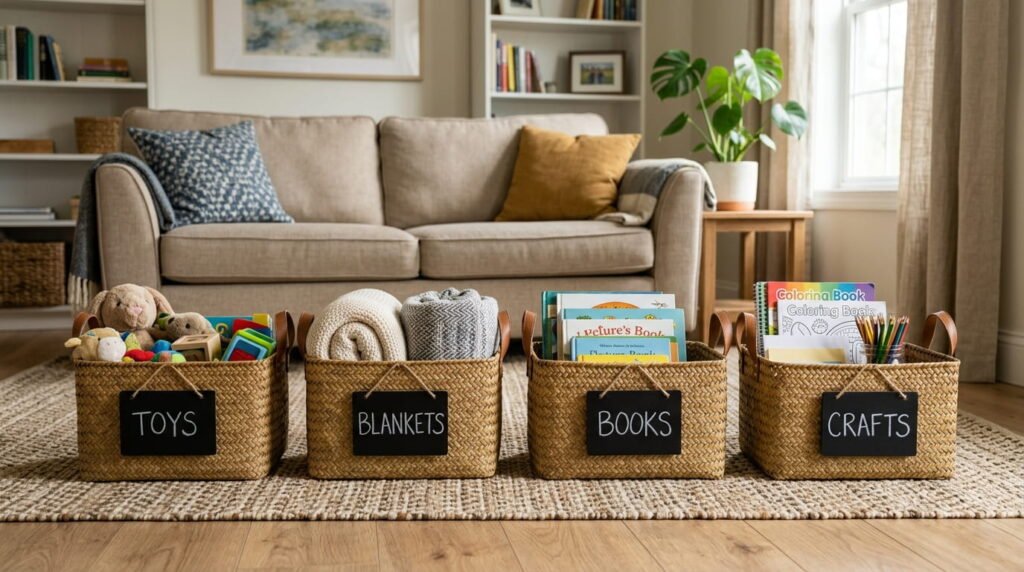 four-bucket decluttering sweep for the living room