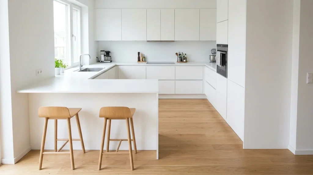 G-shaped kitchen with a peninsula and bar stool seating