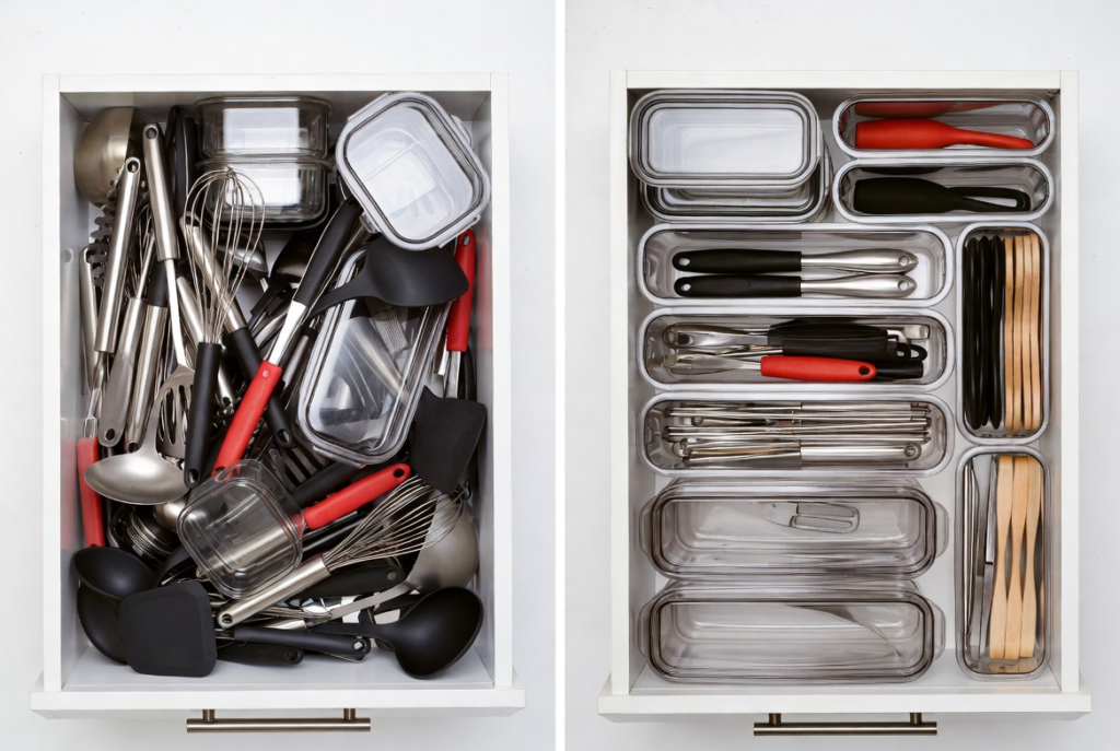 Before and after split image of a messy kitchen drawer vs a perfectly organized one. Clean white background, realistic style.