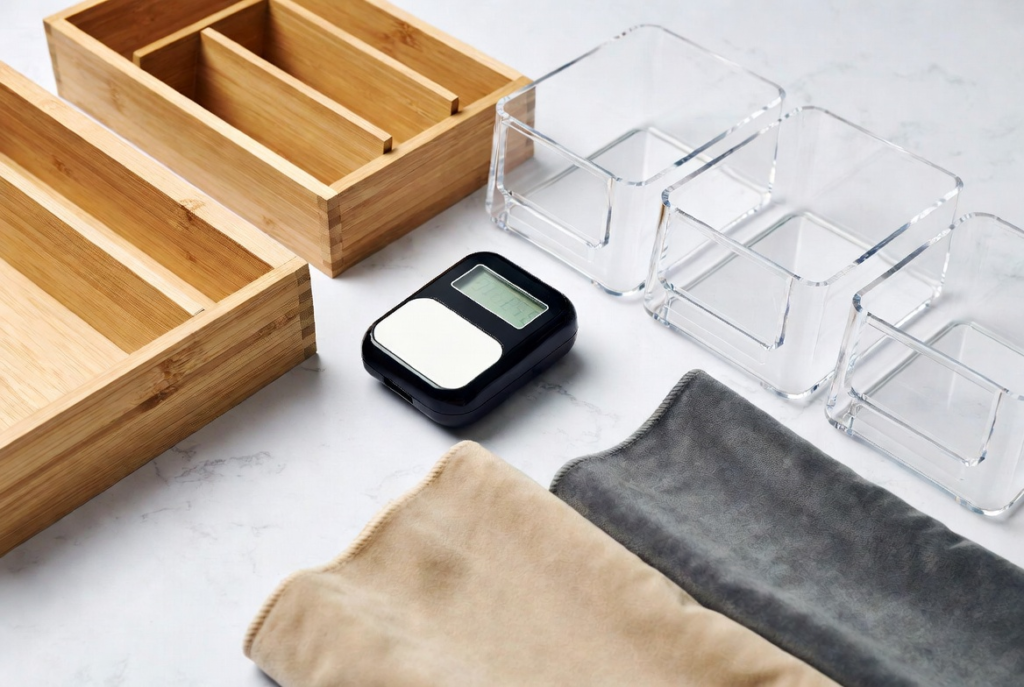 Flat lay of kitchen organization supplies including bamboo drawer dividers, clear acrylic bins, label maker, and velvet liners on a white marble countertop.