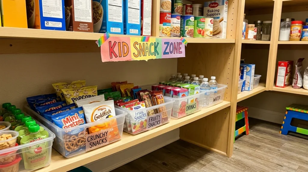 Pantry shelves assigned by use, with daily snacks at eye level, heavy bags at the bottom and baking supplies up top