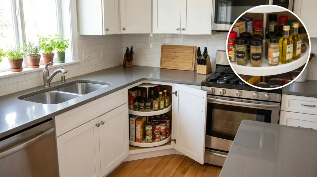 L-shaped kitchen with a lazy Susan in the corner cabinet