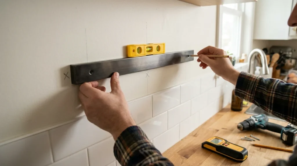 Magnetic knife strip being leveled on a kitchen wall before screwing into studs