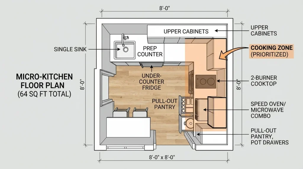 Micro-kitchen plan under 70 square feet with the cooking zone prioritized
