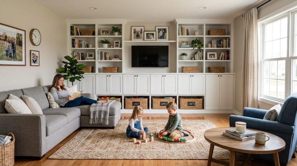 organized family living room with hidden toy storage
