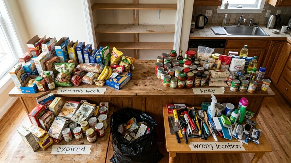 Pantry contents emptied onto a counter and sorted into four piles, including expired items next to a trash bag