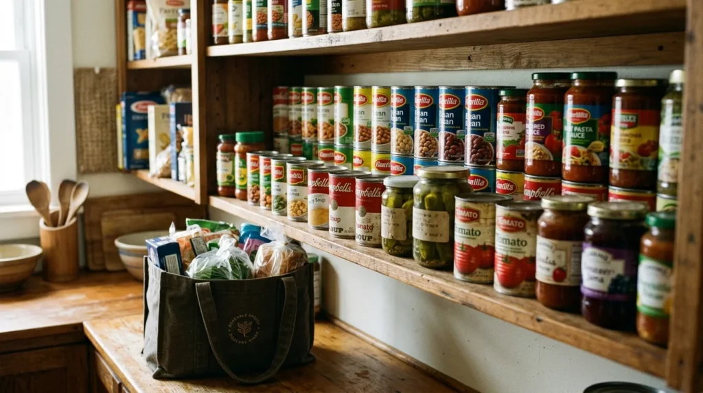 Pantry shelf with older cans moved to the front and new groceries stocked behind, following first in, first out