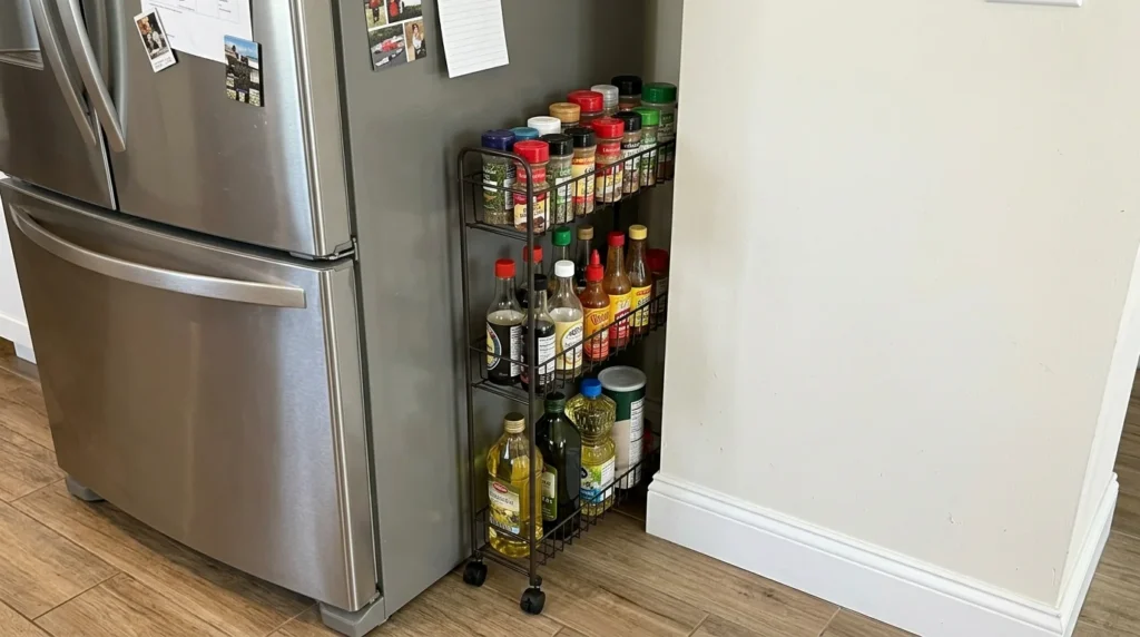 Slim rolling cart with spices and oils in the narrow gap beside a refrigerator