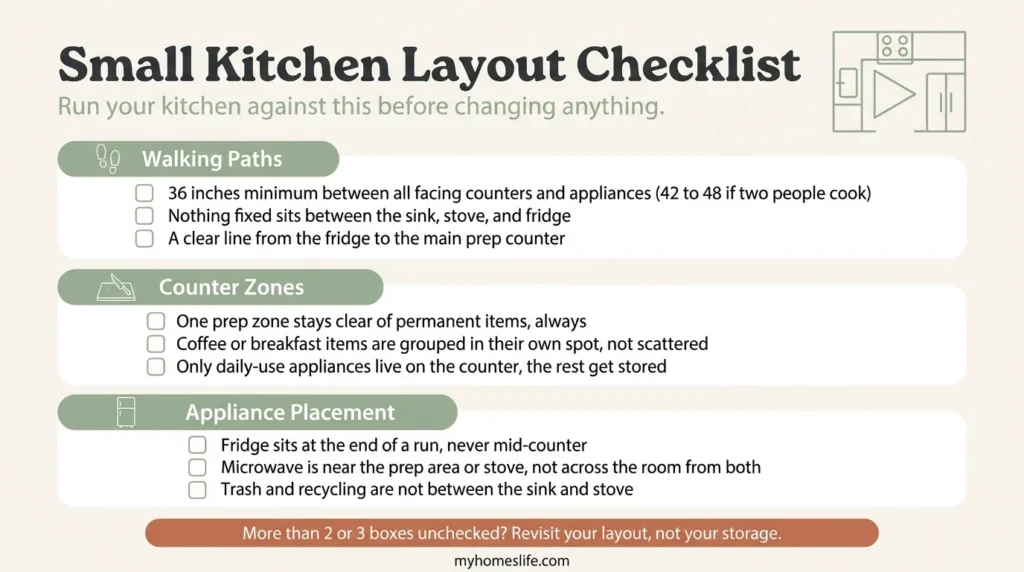 Small kitchen layout checklist covering walking paths, counter zones, and appliance placement