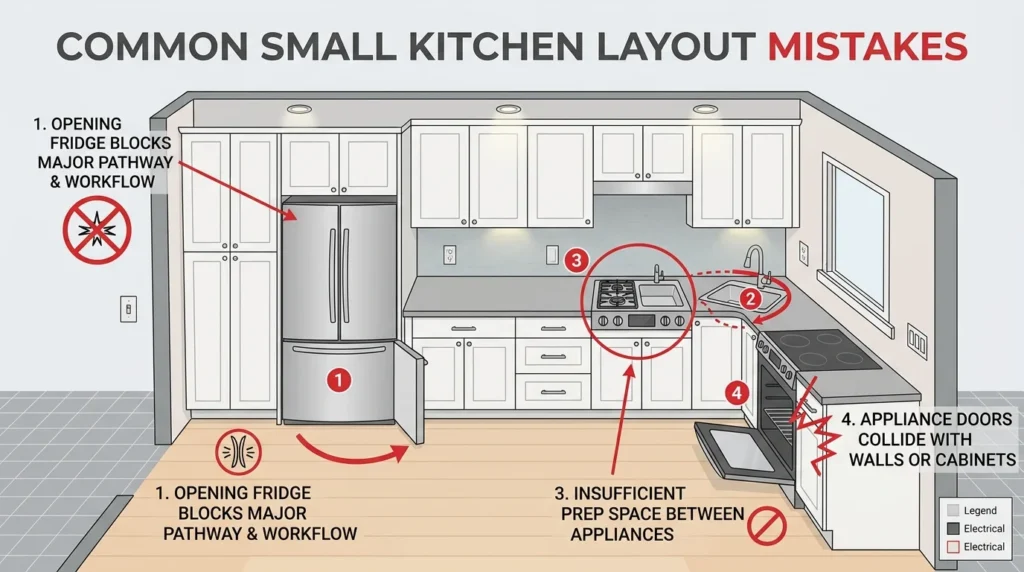 Common small kitchen layout mistakes illustrated in a floor plan