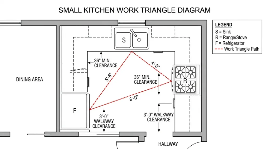 Small kitchen work triangle diagram showing 36 inch clearance