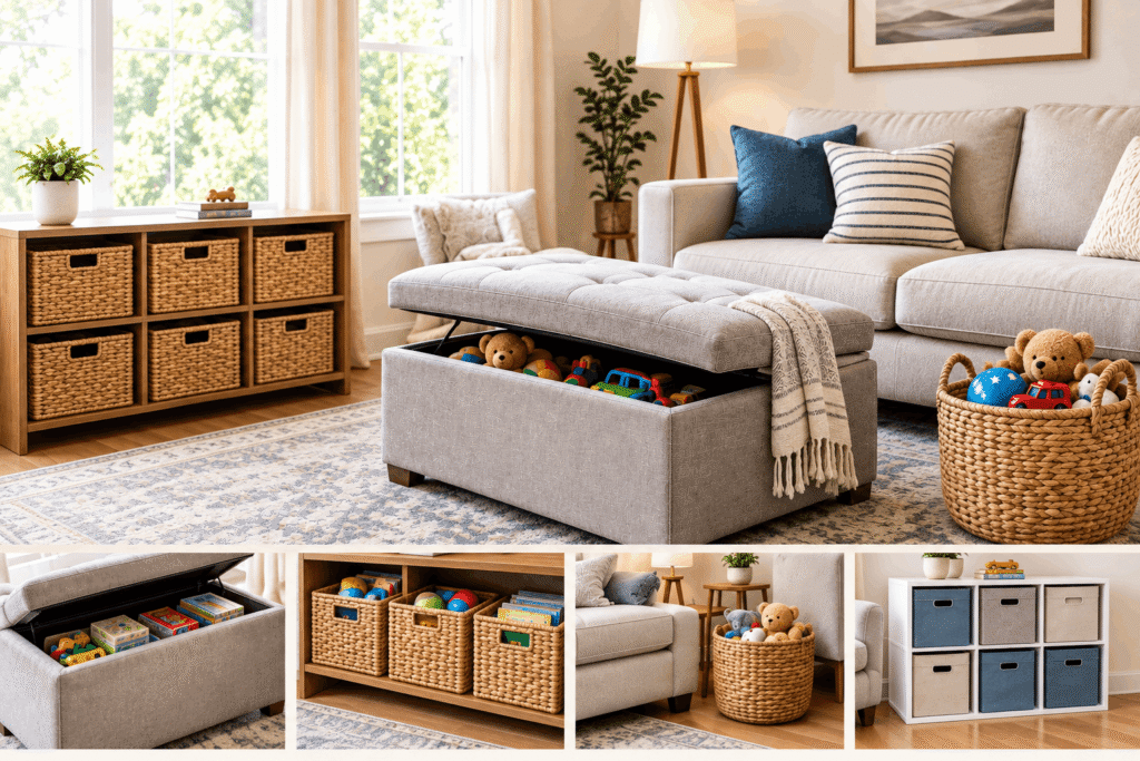 toy storage ideas living room with ottoman and baskets