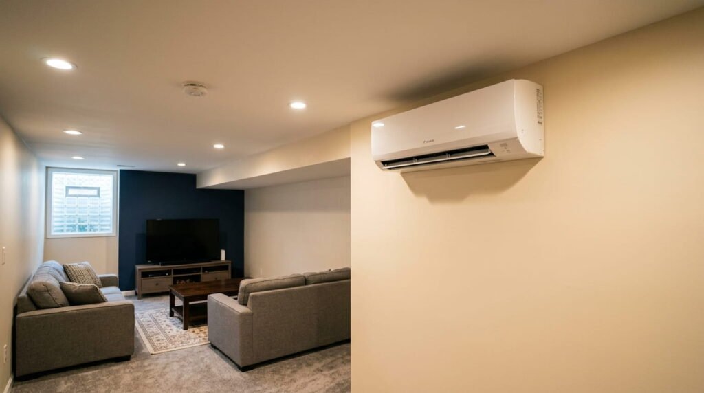 A mini-split unit or ductwork in a finished basement ceiling