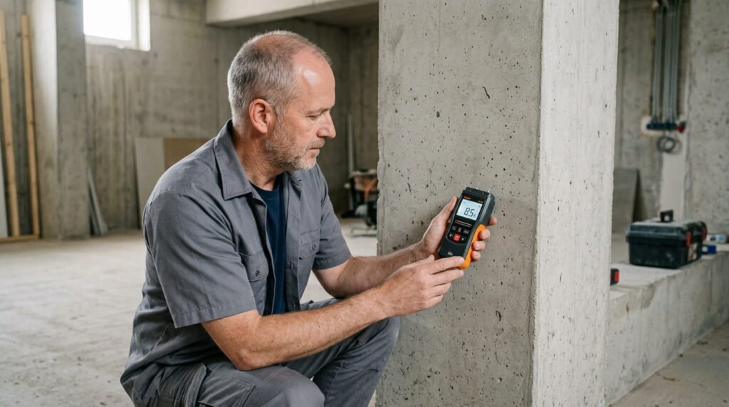 A moisture meter being used on a concrete wall