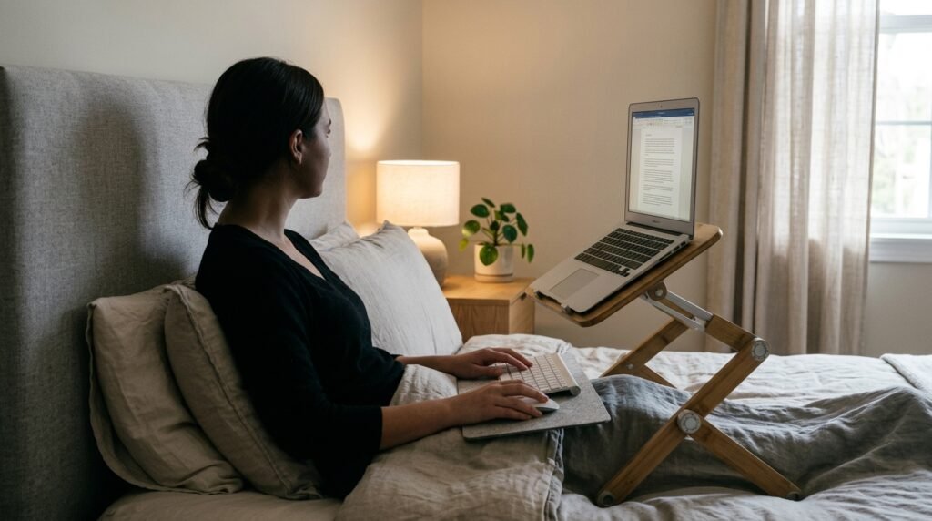 Adjustable height bed desk raising a laptop screen to eye level for better posture