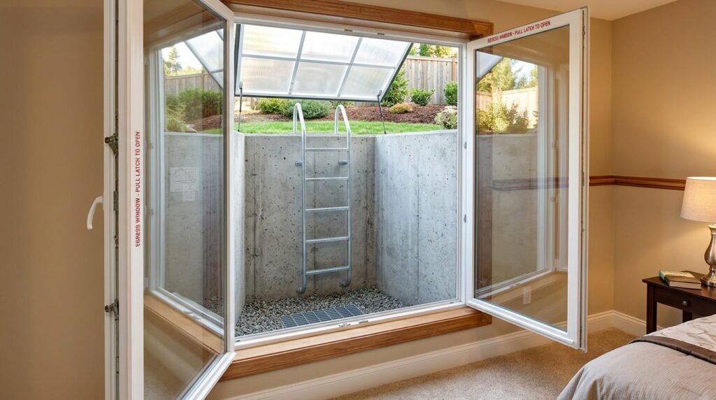 An egress window well installed in a basement