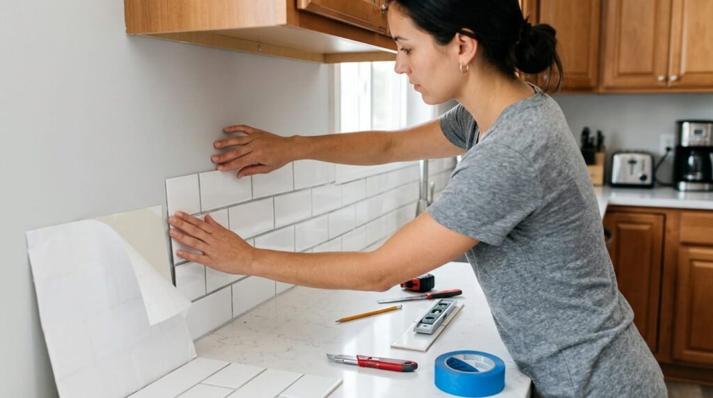 Applying white subway peel and stick tile backsplash