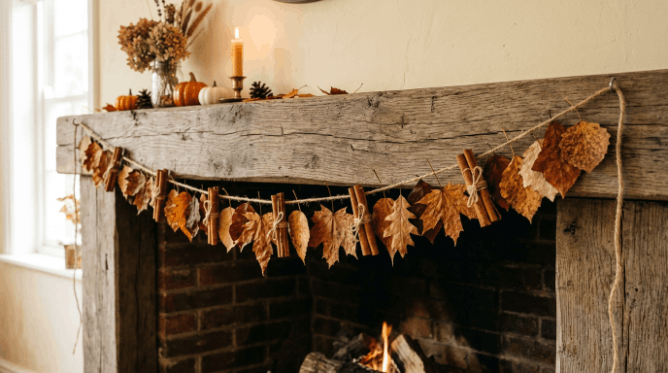 Autumn leaf garland with cinnamon sticks hanging across a mantel