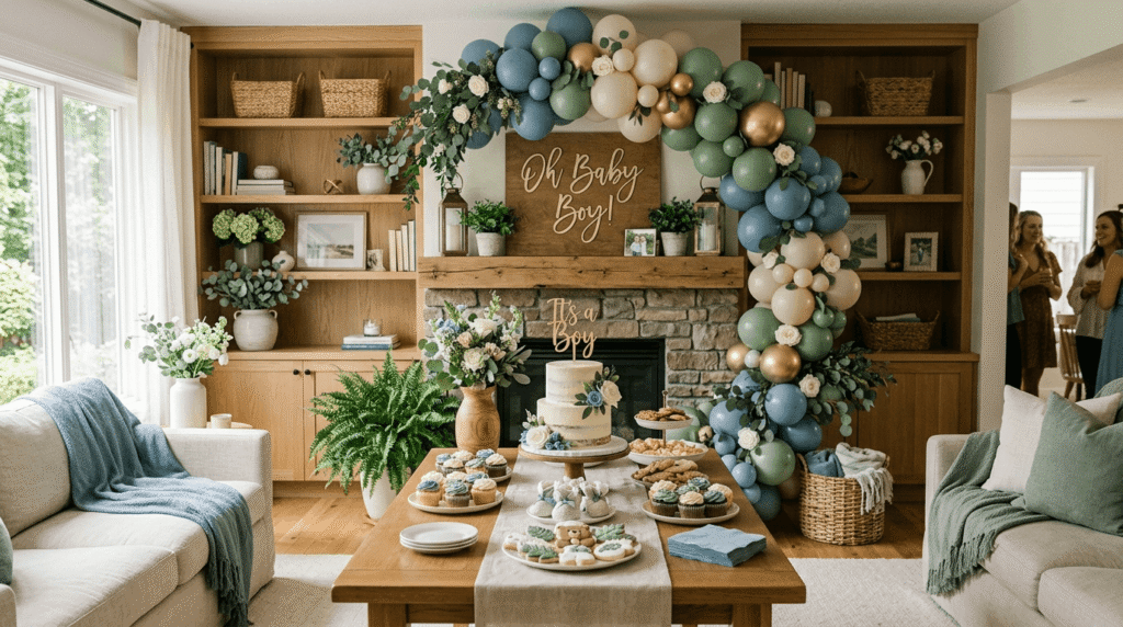 Baby boy shower decorations in dusty blue, sage green, and warm oak that blend with home interiors