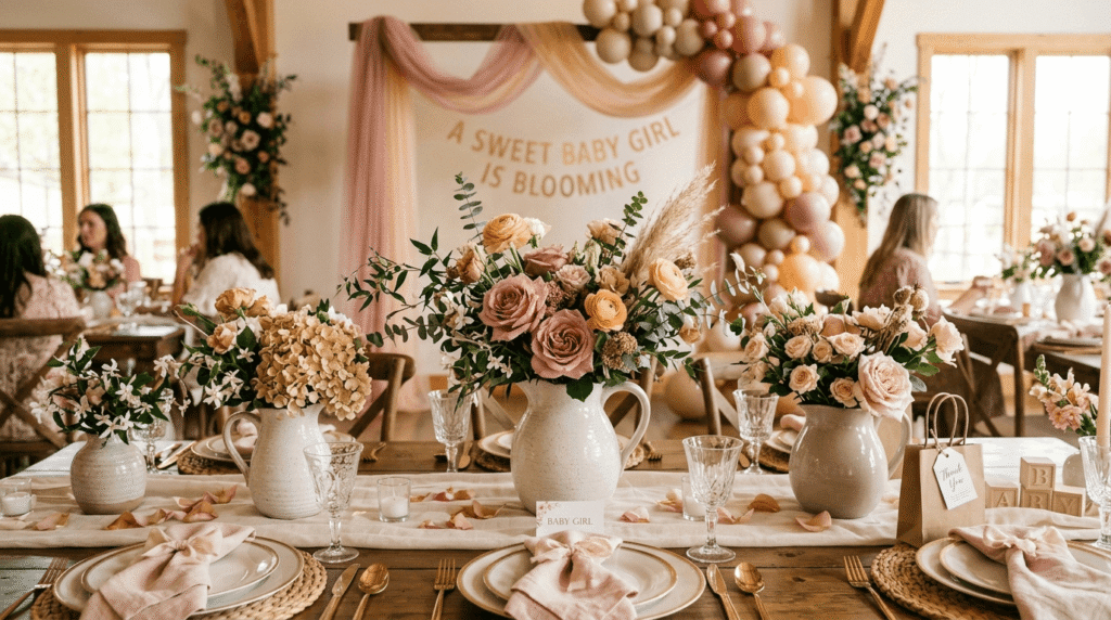Baby girl shower decorations with muted rose, peach, and champagne tones and garden florals in ceramic pitchers