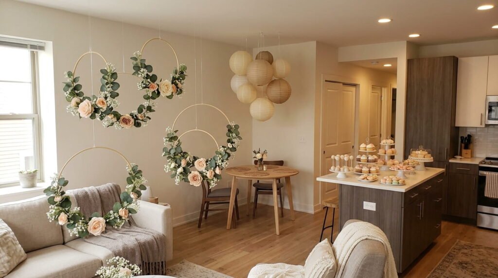 Baby shower decoration ideas for small apartments using hanging floral hoops and paper lanterns