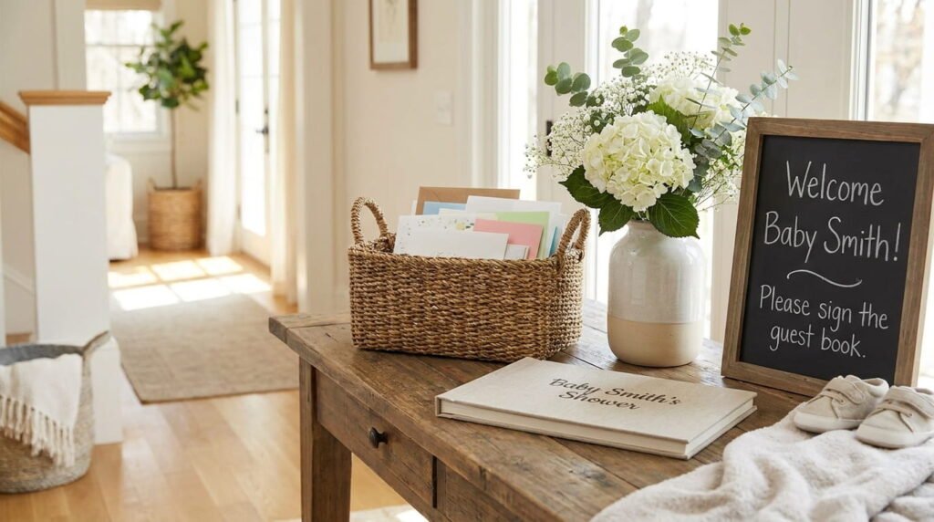 Baby shower welcome table with guest book, card basket, and simple floral arrangement at the entryway