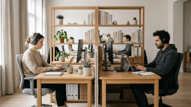 Back-to-back desks divided by an open shelving unit for privacy