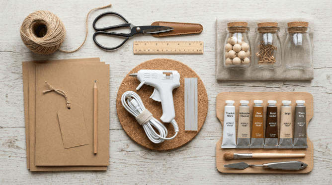 Basic fall and winter craft supplies including twine, glue gun, and glass jars