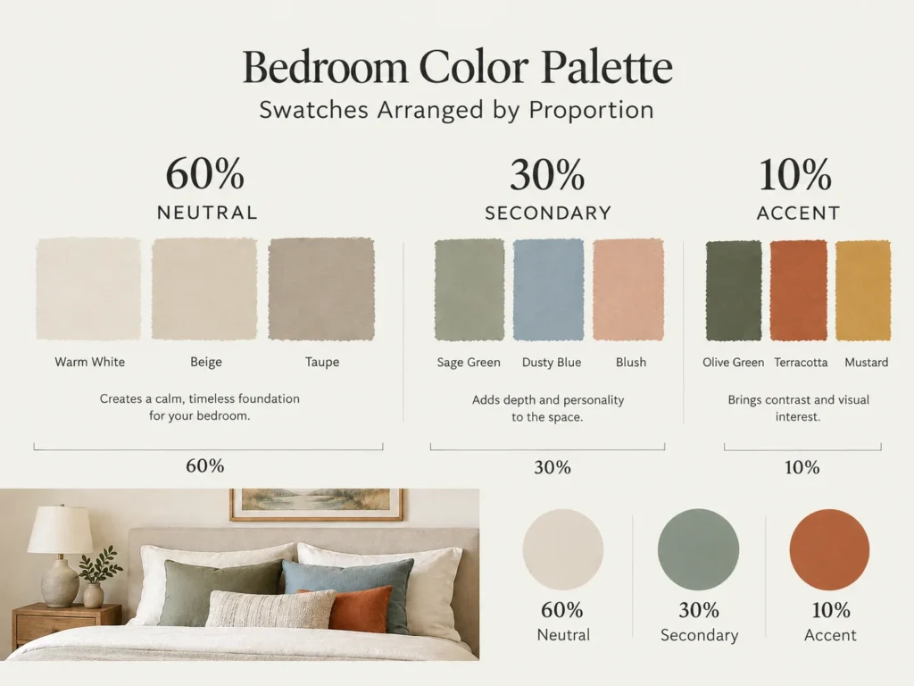 Bedroom color palette swatches arranged by proportion: 60 percent neutral, 30 percent secondary, 10 percent accent