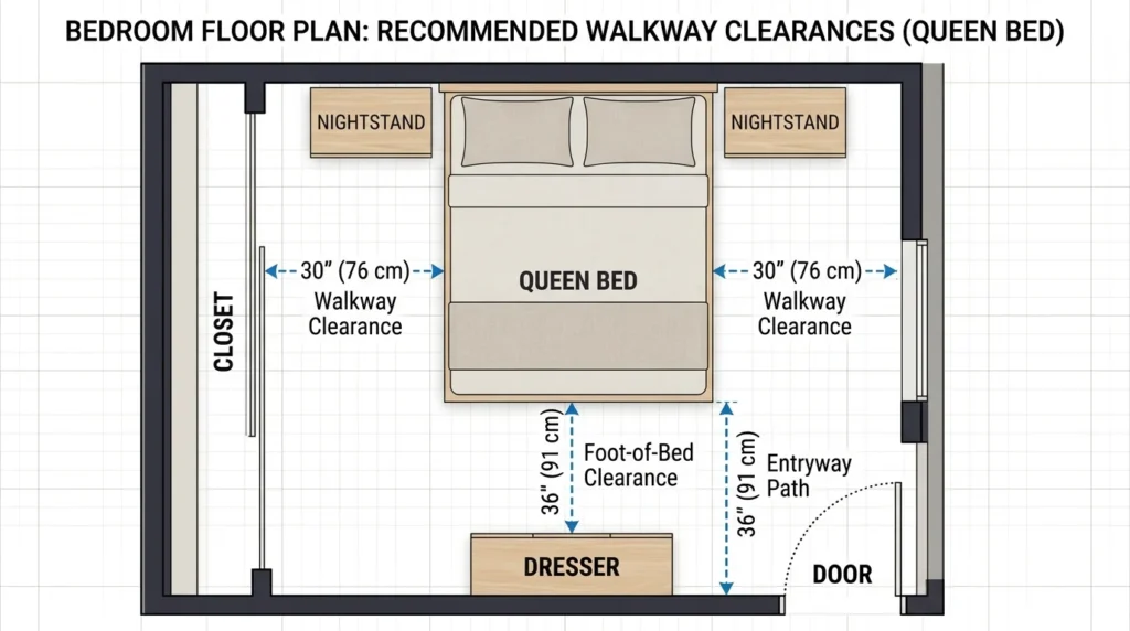 Bedroom floor plan diagram showing walkway clearance measurements around a queen bed