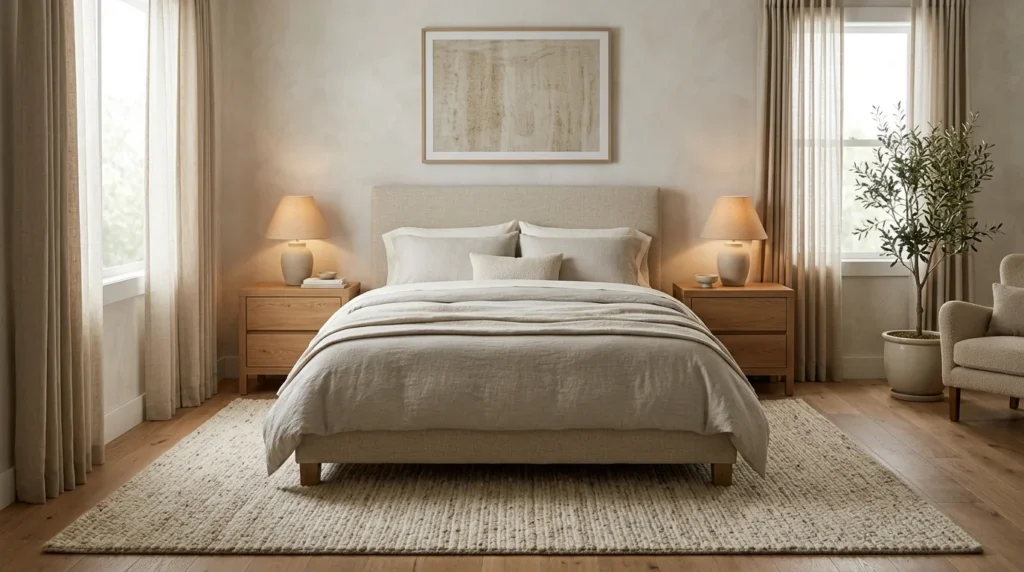Bedroom with a properly scaled bed frame, matching nightstands, and a rug sized to extend past the bed on both sides