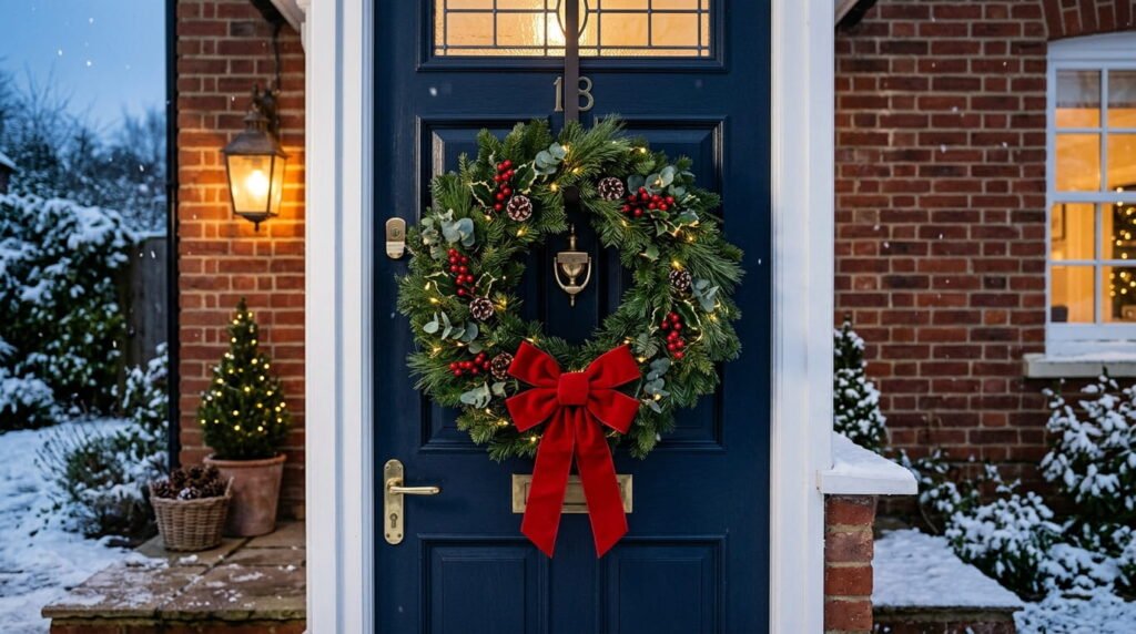 Classic pine Christmas wreath with red velvet bow on a front door