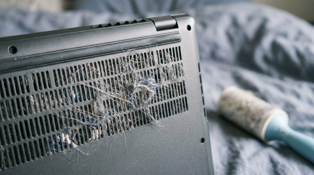 Close-up of lint and bedding fibers clogging a laptop fan vent