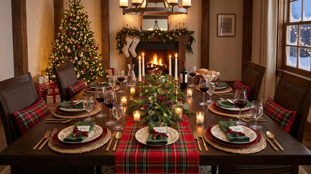 Complete 3-layer Christmas table setting on a 72-inch dining table ready for holiday guests