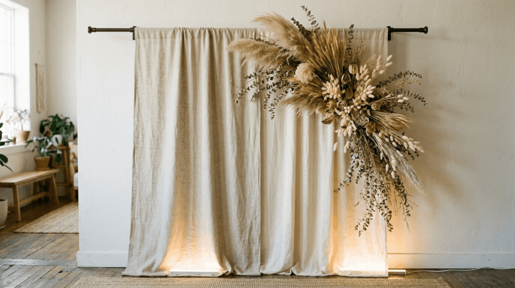 DIY baby shower backdrop with raw linen panels, dried pampas grass, and soft LED uplighting