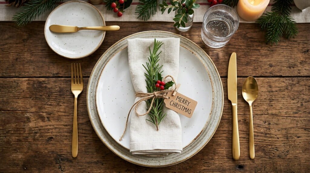 Detailed Christmas place setting featuring a folded linen napkin, rosemary sprig, and gold cutlery