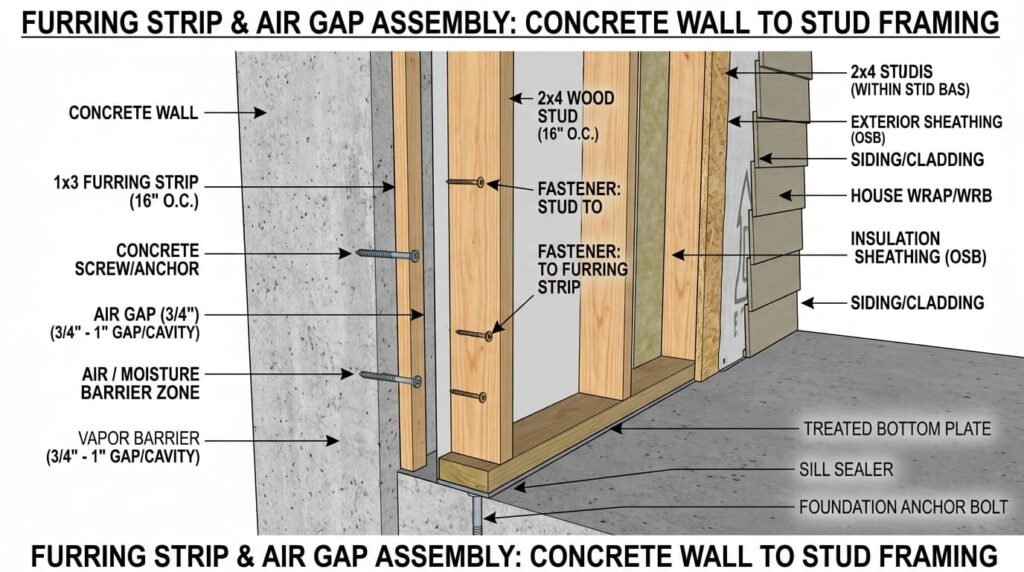 Diagram or photo of a furring strip gap assembly between studs and concrete