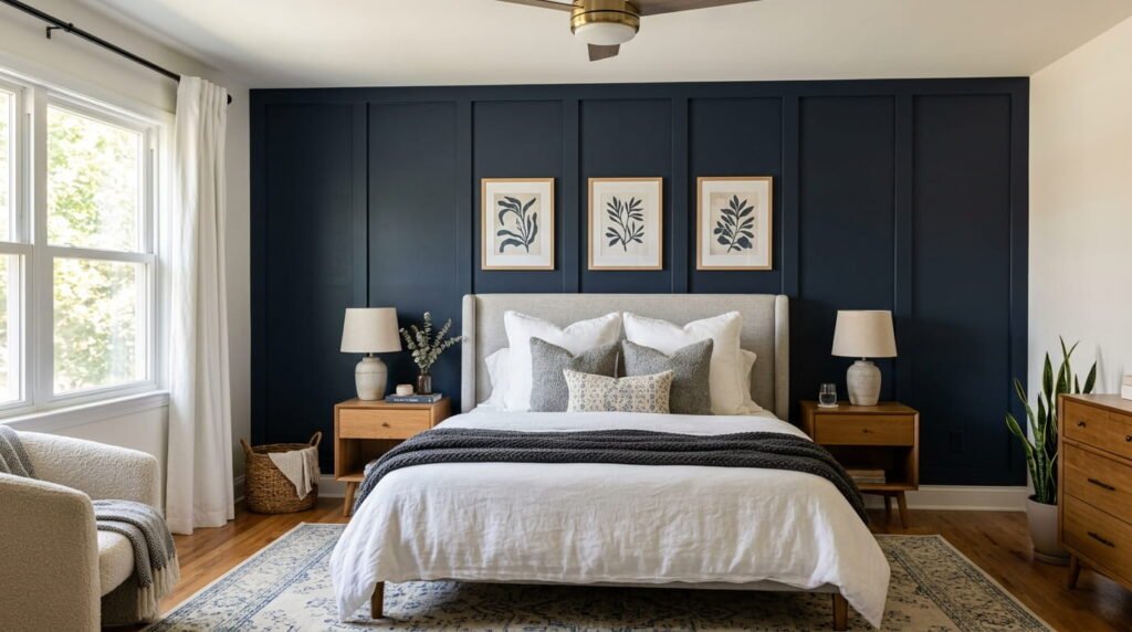 Finished board and batten accent wall in bedroom
