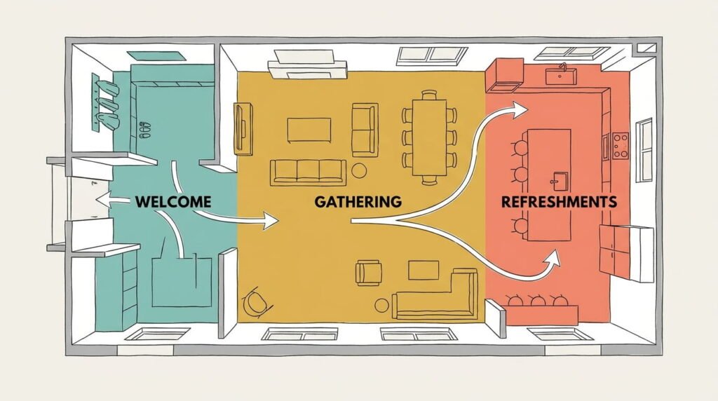 Floor plan diagram of a 3-zone baby shower layout for a living room and open-concept home (1)