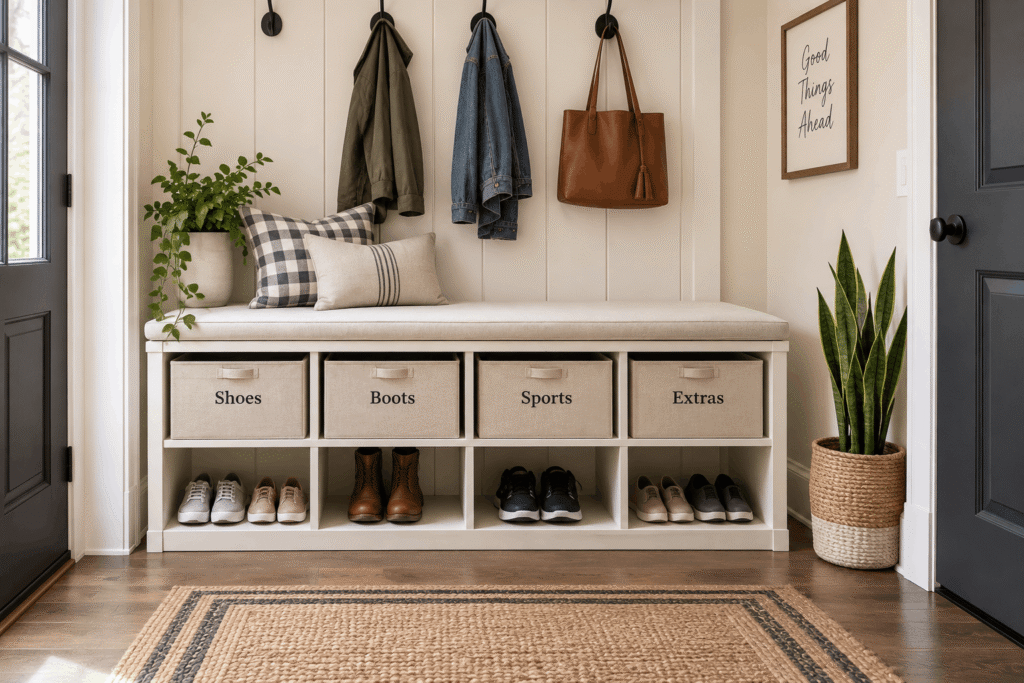 Foyer shoe bench with cubbies for family mudroom shoe storage.