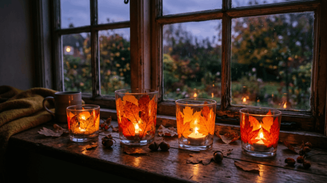 Glass candle holders decorated with pressed fall leaves glowing with candlelight