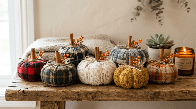 Handmade no-sew fabric pumpkins with cinnamon stick stems on a shelf
